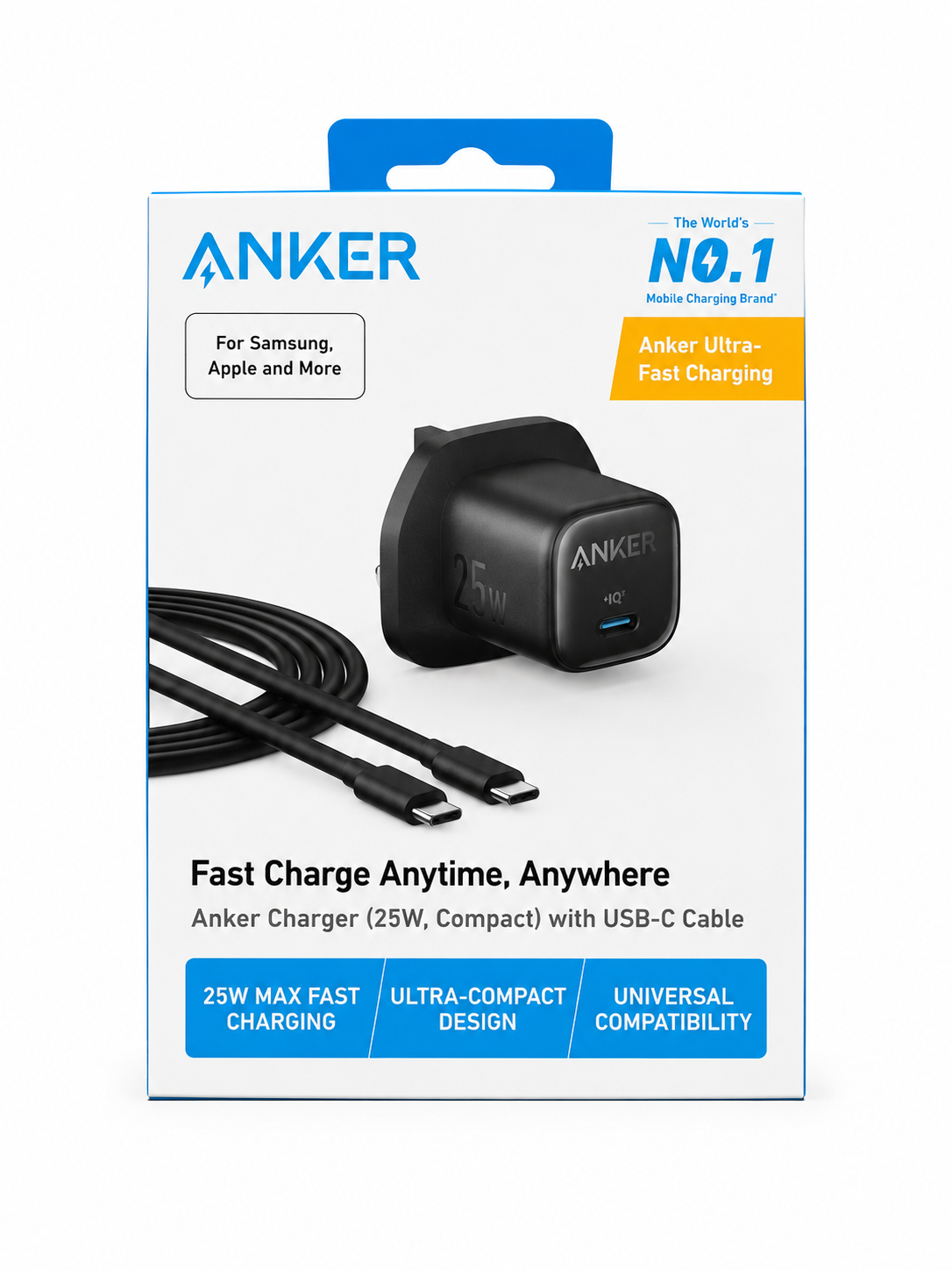 شارژر دیواری انکر 25 وات به همراه کابل USB-C مدل PowerPort III مشکی