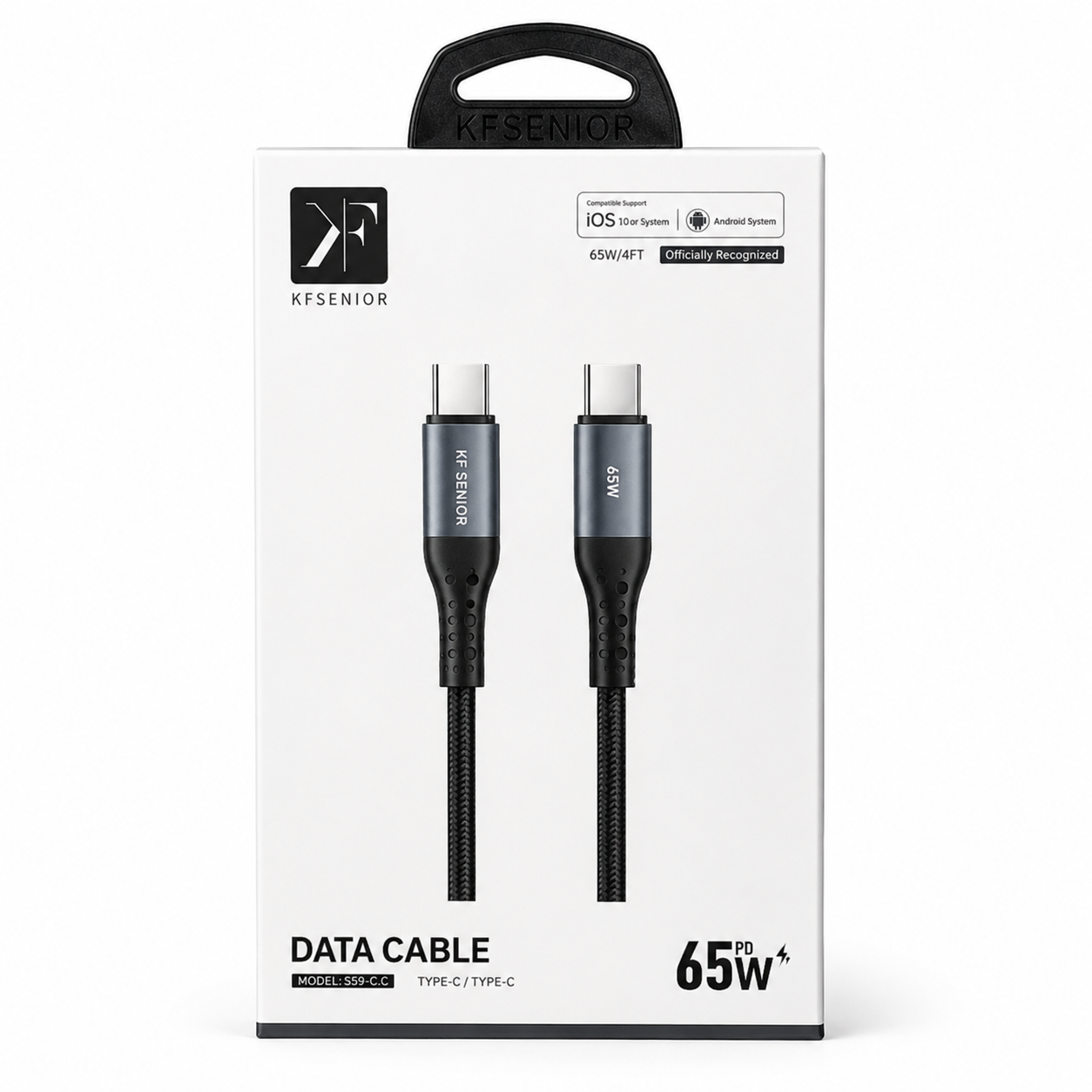 کابل شارژ USB-C به USB-C کی اف سنیور 65 وات مدل S59-C.C مشکی
