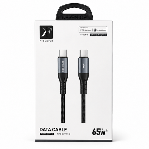 کابل شارژ USB-C به USB-C کی اف سنیور 65 وات مدل S59-C.C مشکی