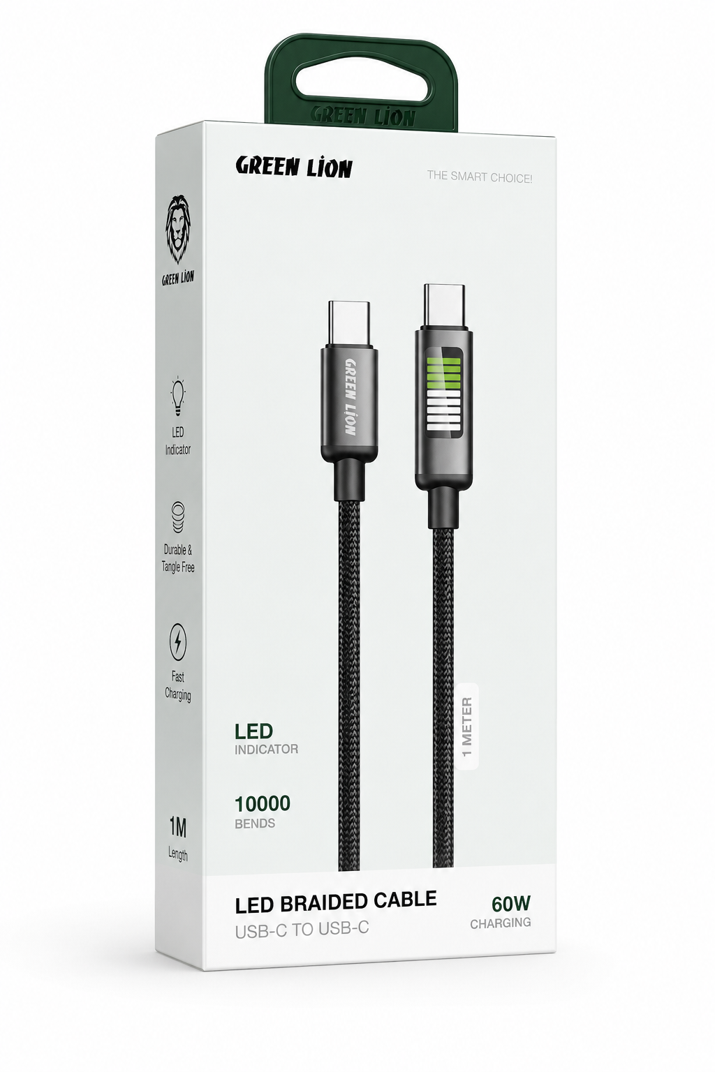 کابل شارژ USB-C به USB-C گرین لاین مدل LED Braided Cable طول 1 متر 60 وات
