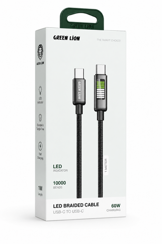 کابل شارژ USB-C به USB-C گرین لاین مدل LED Braided Cable طول 1 متر 60 وات