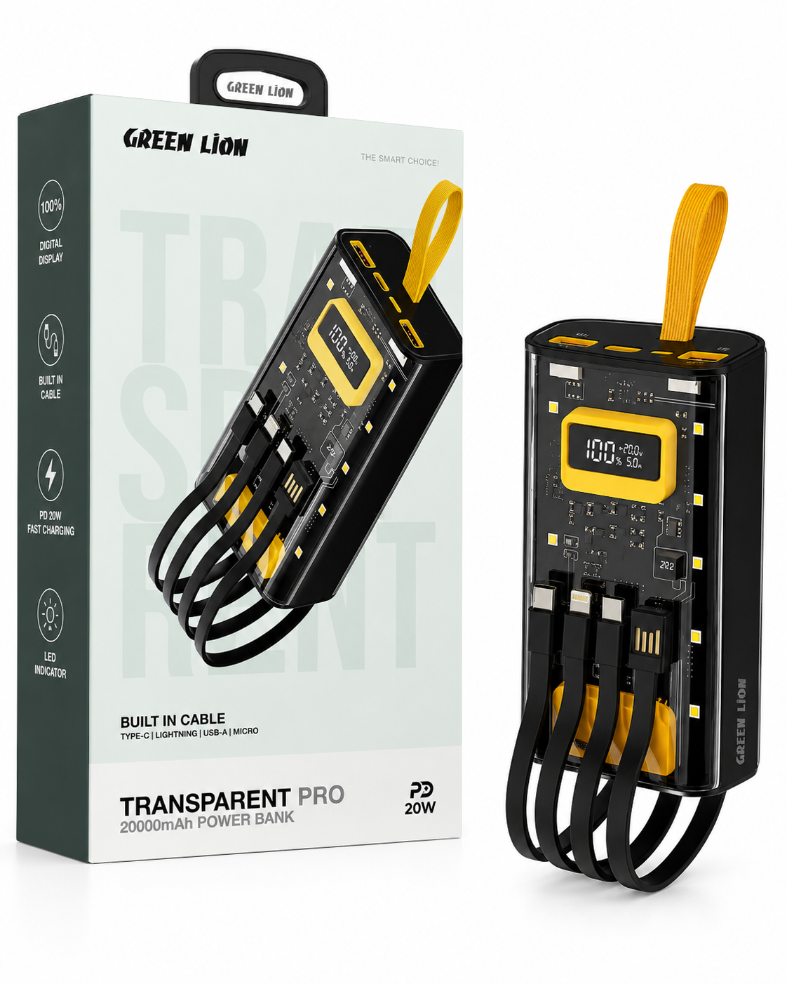پاوربانک Green Lion Transparent Pro ظرفیت 20000 میلی‌آمپرساعت