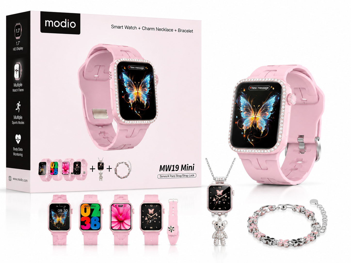 ساعت هوشمند Modio MW19 Mini به همراه گردنبند و دستبند زنانه