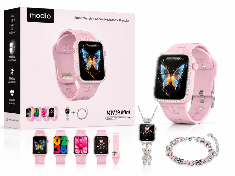 ساعت هوشمند Modio MW19 Mini به همراه گردنبند و دستبند زنانه