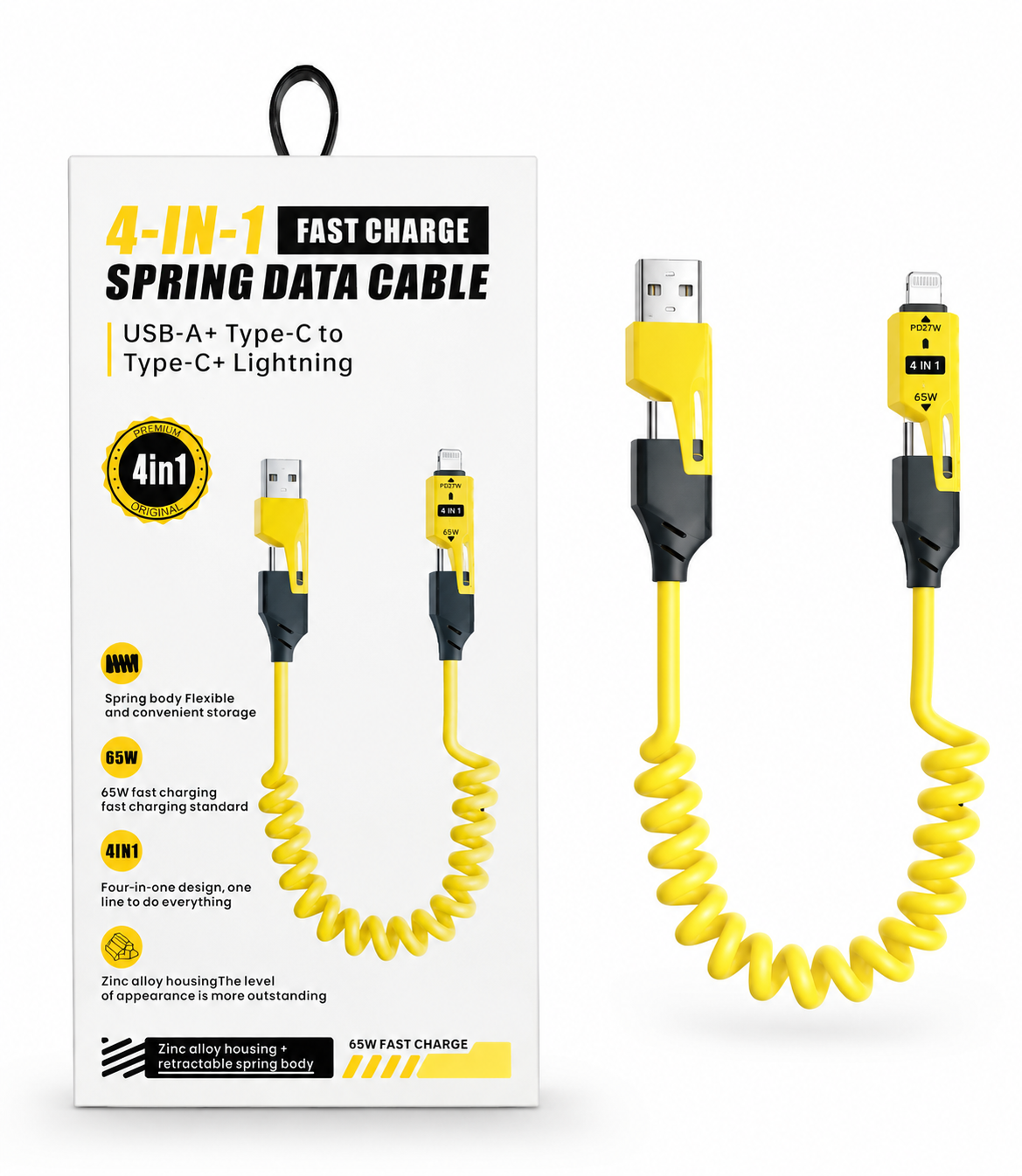 کابل شارژ و انتقال داده فنری 4 در 1 فست شارژ 65 وات USB-A + Type-C به Type-C + Lightning
