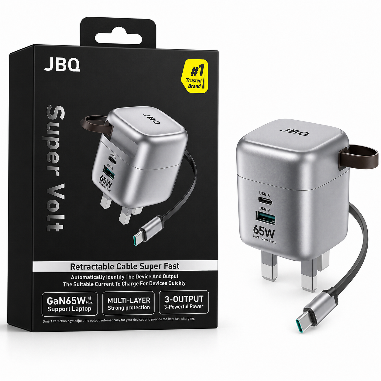 شارژر دیواری 65 وات JBQ Super Volt با کابل جمع‌شونده